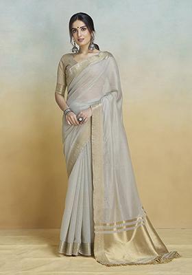 Light Grey Zari Woven Linen Blend Saree Set