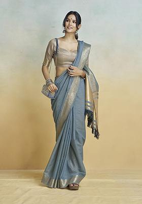 Dark Grey Zari Woven Linen Blend Saree Set