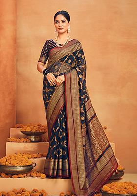 Navy Blue Embroidered Georgette Saree Set