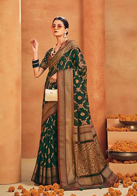 Dark Green Embroidered Georgette Saree Set