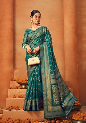 Teal Blue Embroidered Georgette Saree Set