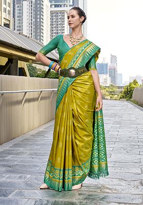 Green Printed Silk Saree Set