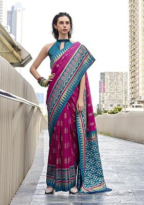 Pink Printed Silk Saree Set