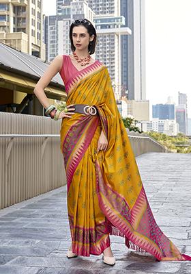 Yellow Printed Silk Saree Set