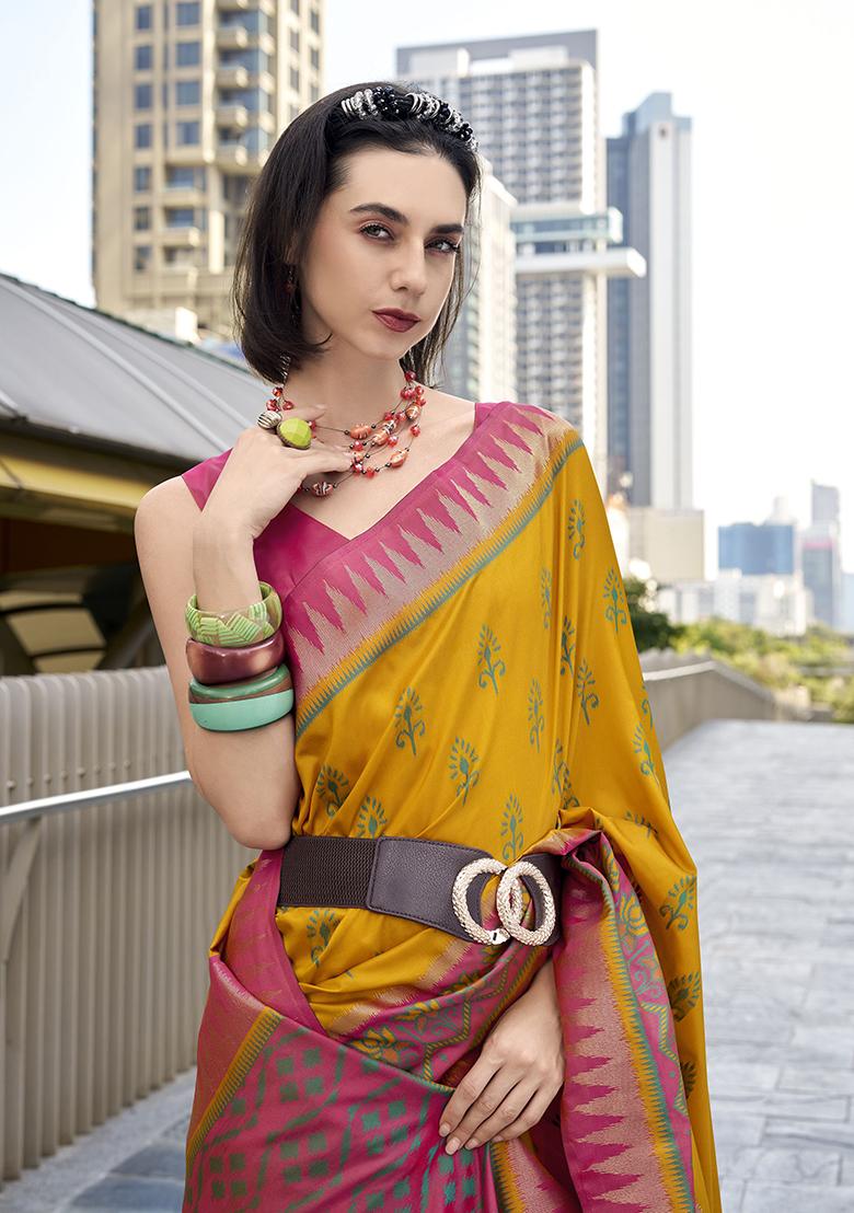 Yellow Printed Silk Saree Set