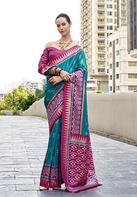 Rama Green Printed Silk Saree Set