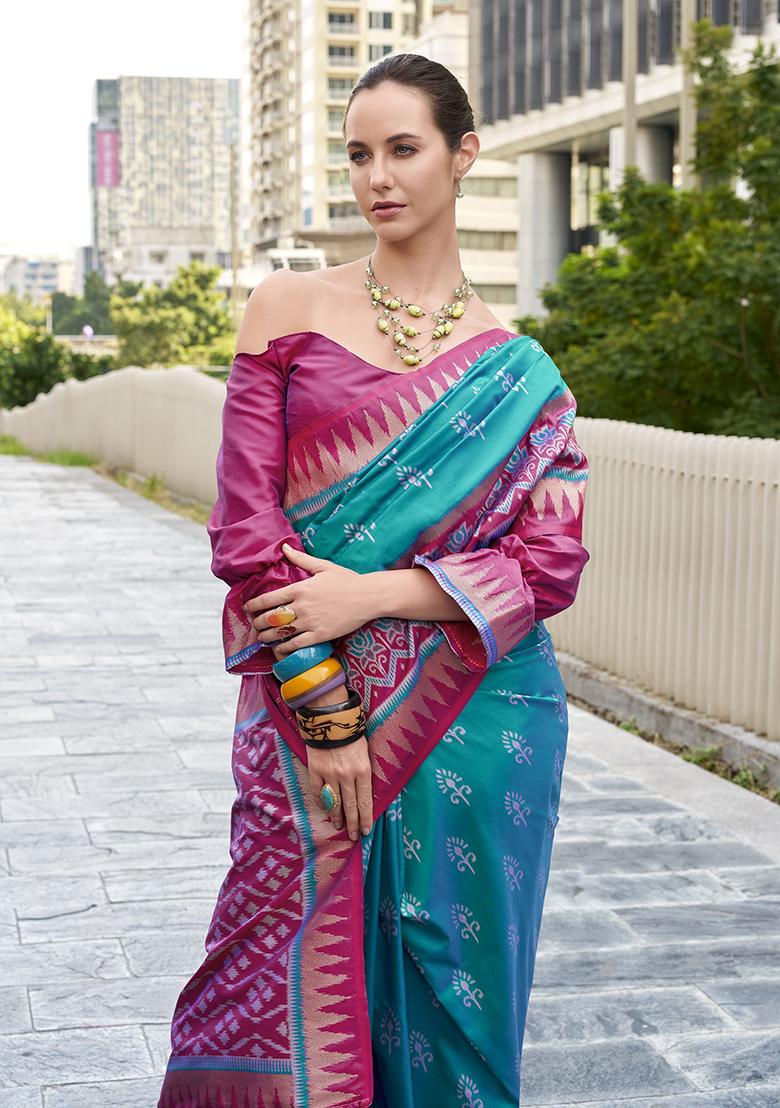 Rama Green Printed Silk Saree Set