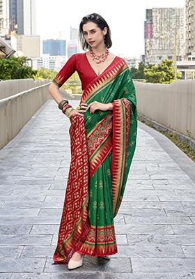 Green Printed Silk Saree Set