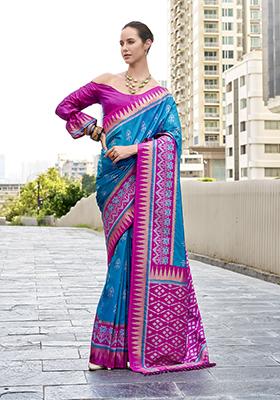 Blue Printed Silk Saree Set