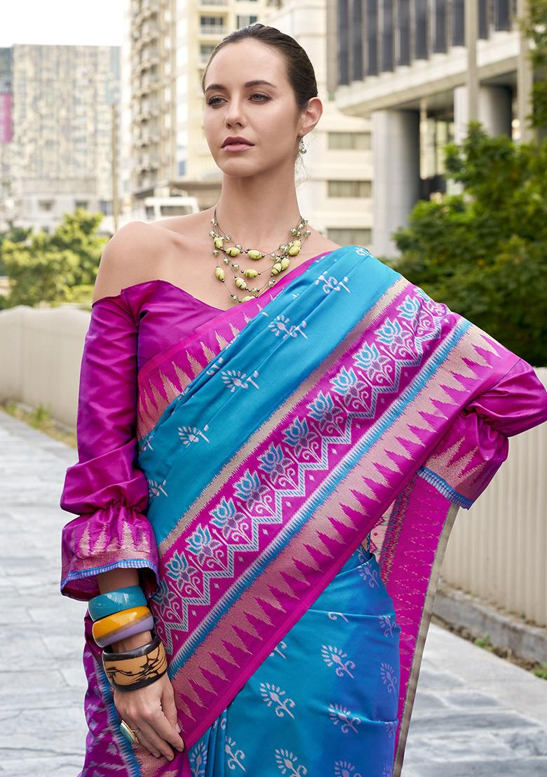 Blue Printed Silk Saree Set