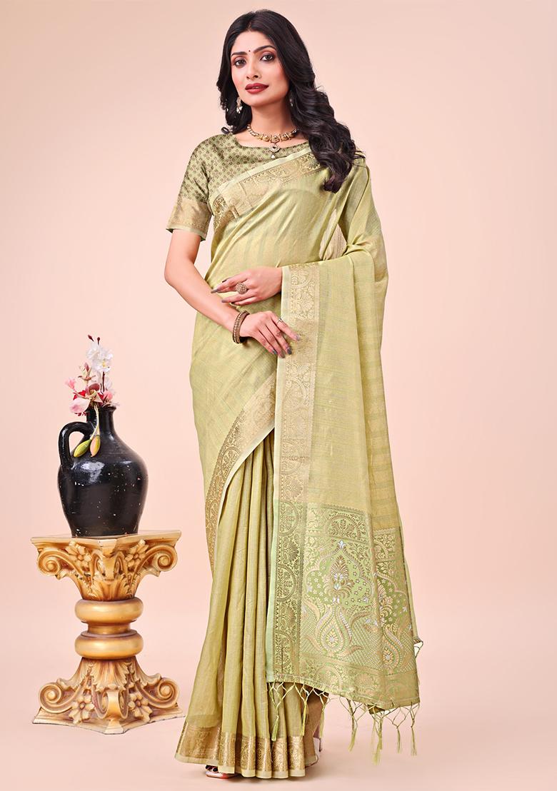 Olive Green Embroidered Organza Saree Set