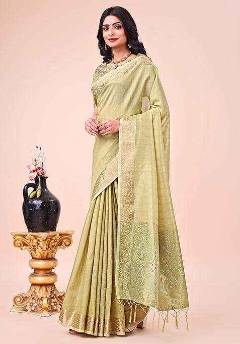 Olive Green Embroidered Organza Saree Set