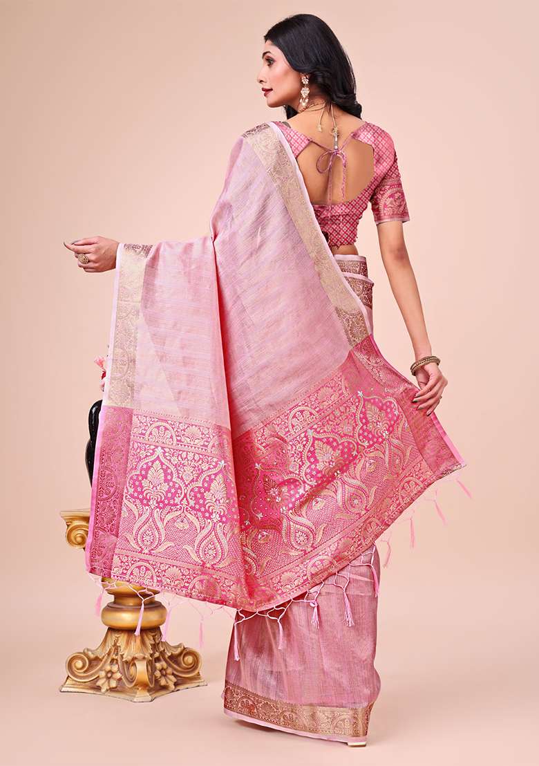 Pink Embroidered Organza Saree Set - Indya