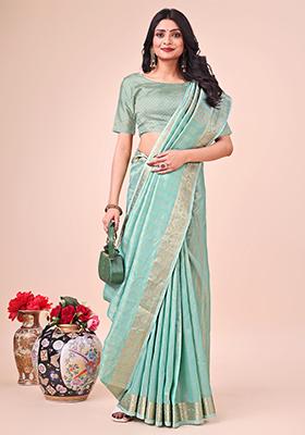 Teal Blue Embroidered Organza Saree Set