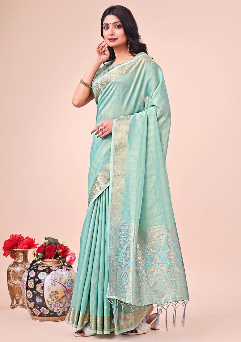 Teal Blue Embroidered Organza Saree Set