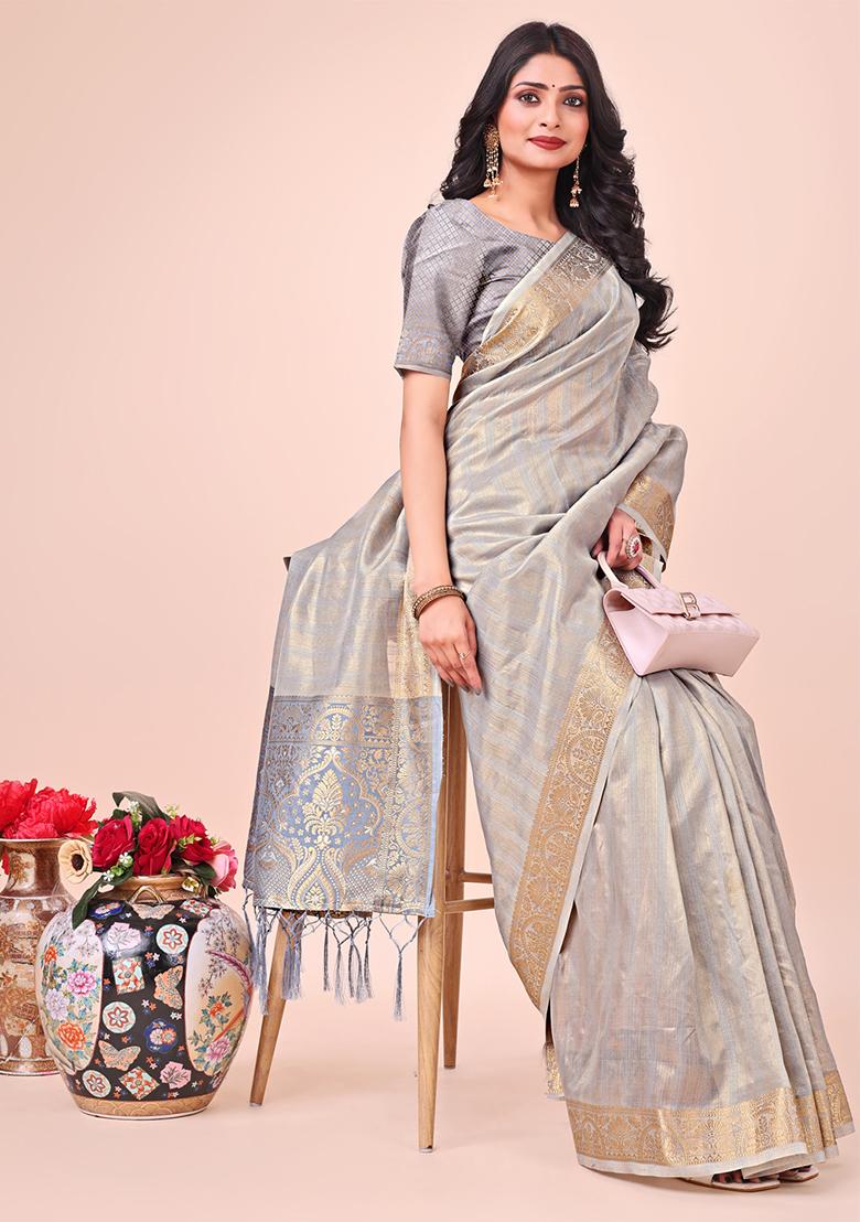 Grey Embroidered Organza Saree Set