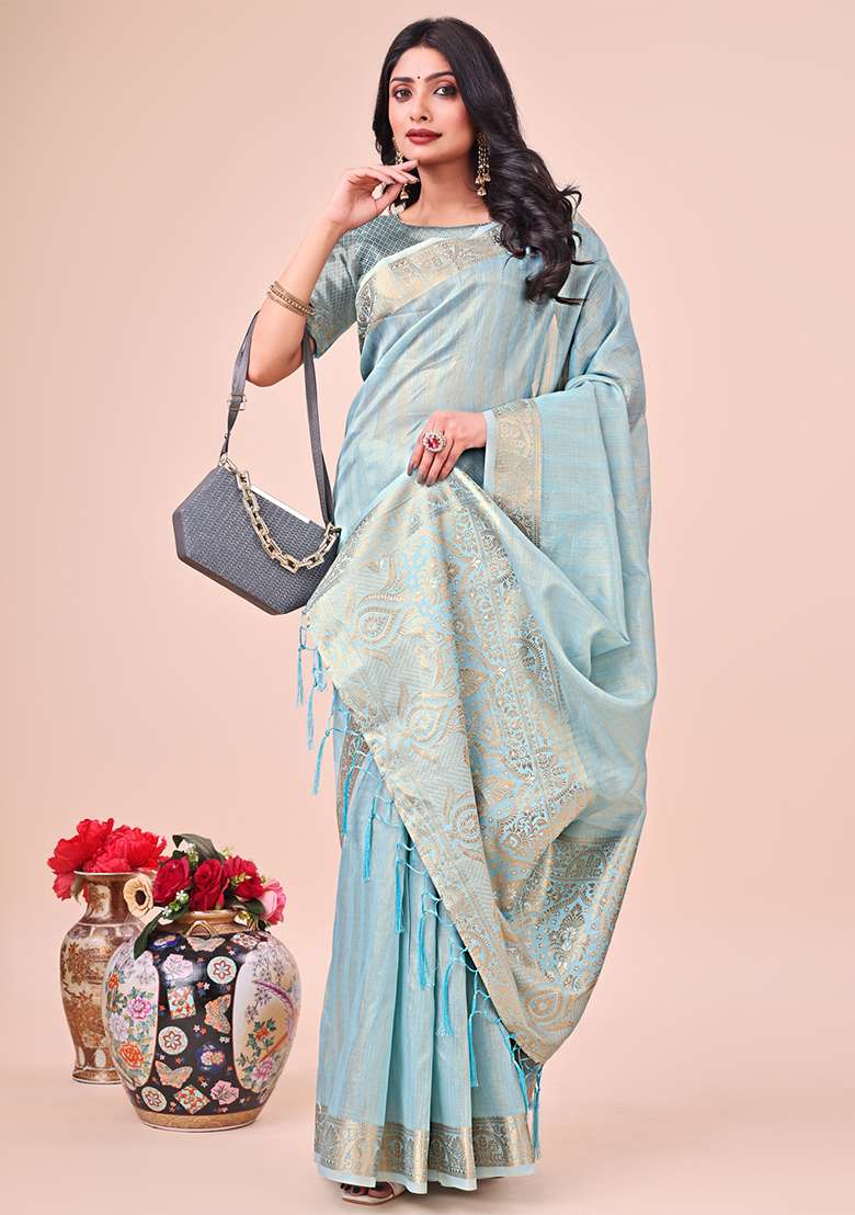 Sky Blue Embroidered Organza Saree Set - Indya