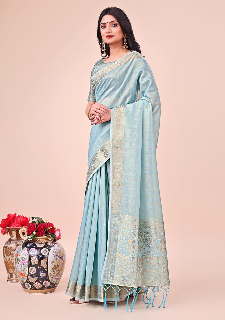 Sky Blue Embroidered Organza Saree Set