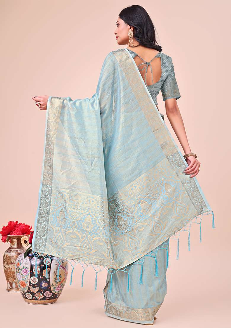 Sky Blue Embroidered Organza Saree Set - Indya