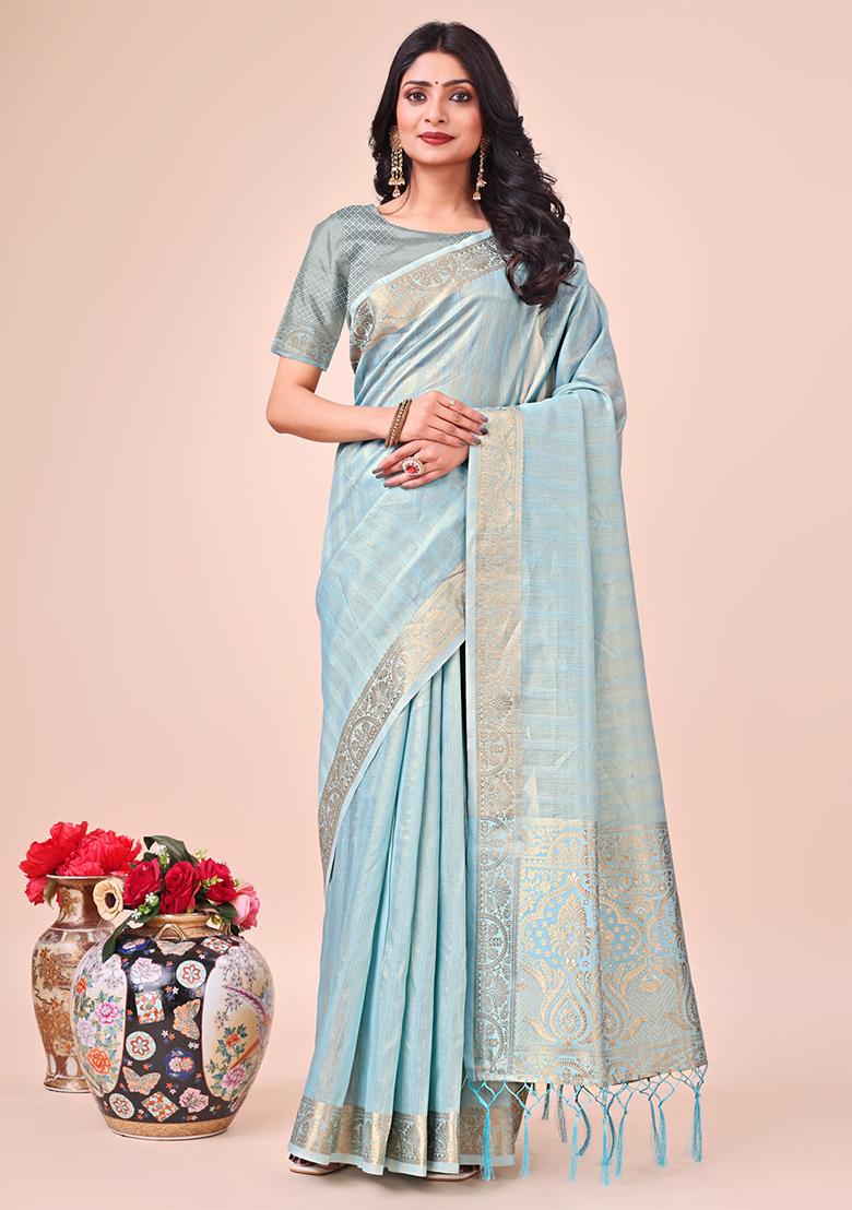Sky Blue Embroidered Organza Saree Set