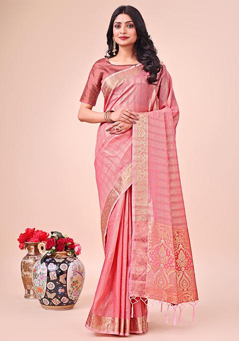 Peach Embroidered Organza Saree Set