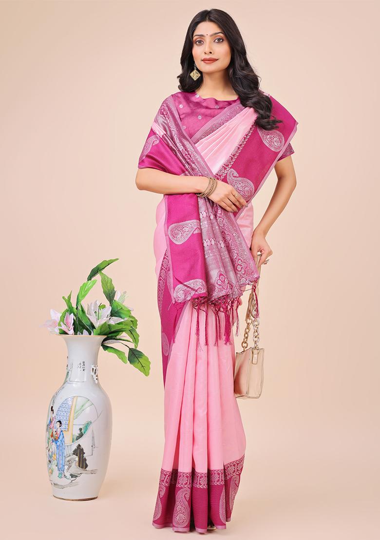 Light Pink Embroidered Silk Saree Set