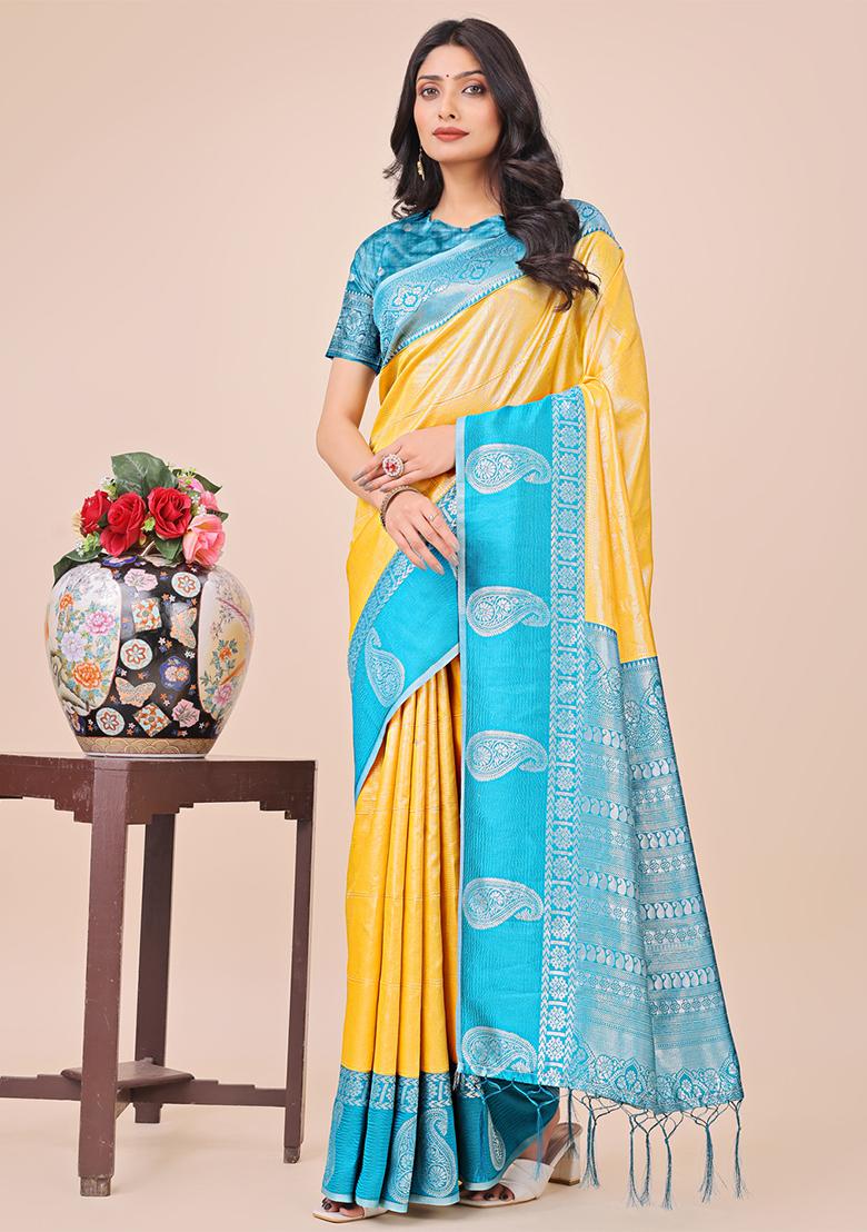 Yellow Embroidered Silk Saree Set
