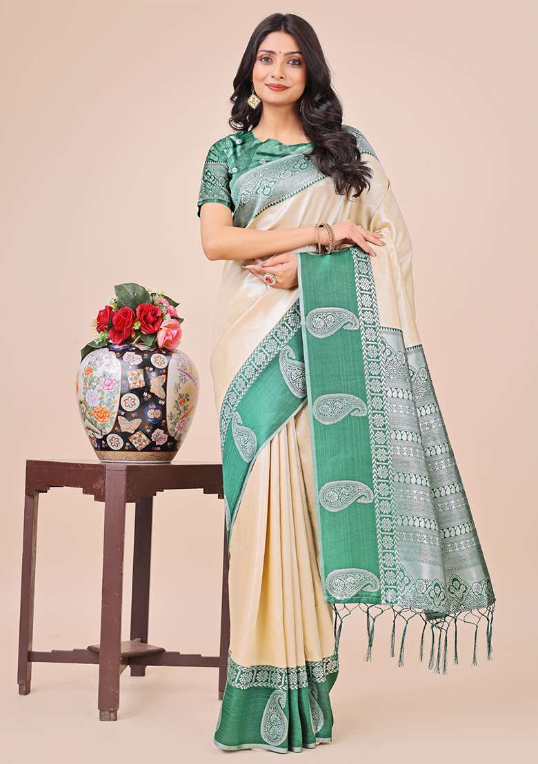 Cream Embroidered Silk Saree Set - Indya