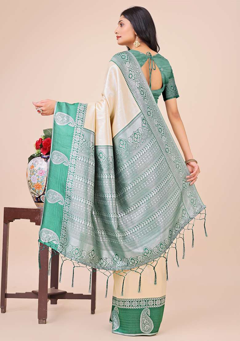 Cream Embroidered Silk Saree Set - Indya