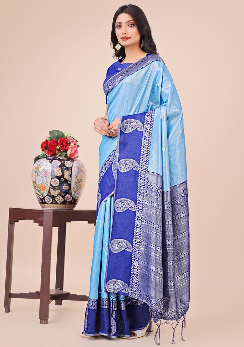Sky Blue Embroidered Silk Saree Set