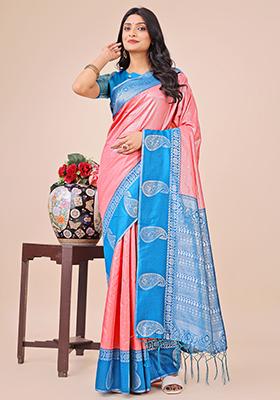 Pink Embroidered Silk Saree Set