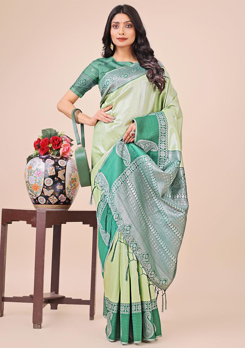 Pista Green Embroidered Silk Saree Set