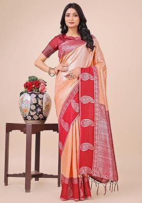 Peach Embroidered Silk Saree Set