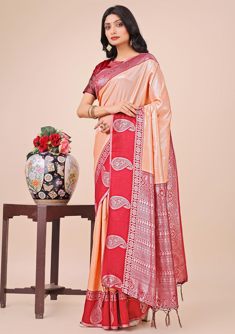 Peach Embroidered Silk Saree Set