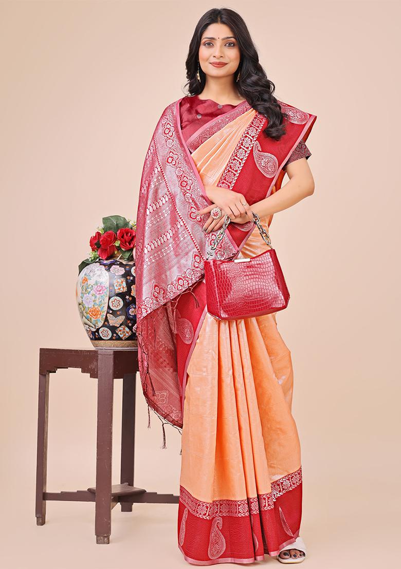 Peach Embroidered Silk Saree Set