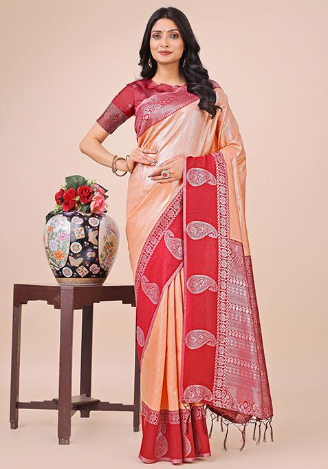 Peach Embroidered Silk Saree Set
