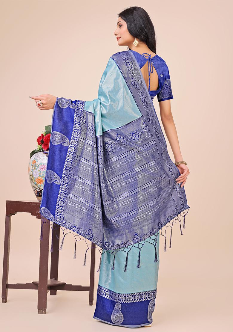 Teal Blue Embroidered Silk Saree Set