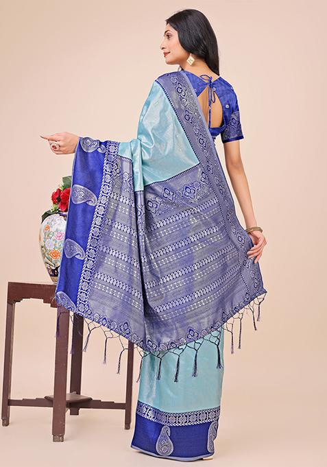Teal Blue Embroidered Silk Saree Set