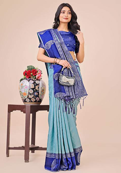 Teal Blue Embroidered Silk Saree Set