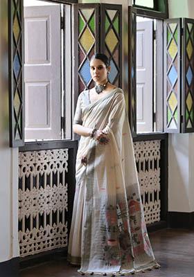 Grey Woven Cotton Saree Set