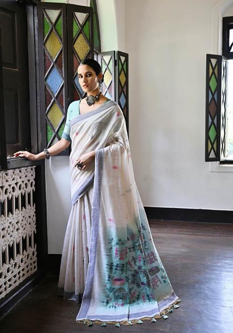 Navy Blue Woven Cotton Saree Set