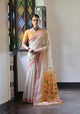 Red Woven Cotton Saree Set