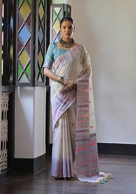 Blue Woven Cotton Saree Set