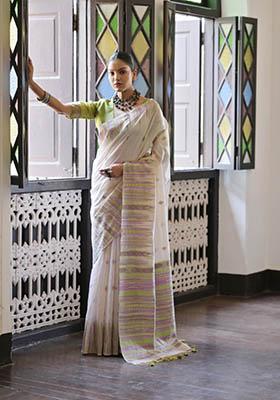 Green Woven Cotton Saree Set