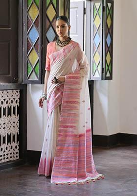 Peach Woven Cotton Saree Set