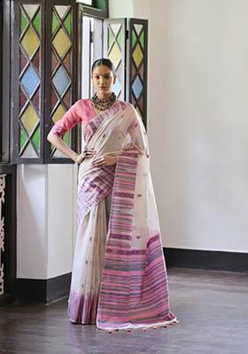 Pink Woven Cotton Saree Set