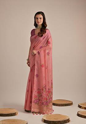 Peach Woven Cotton Saree Set