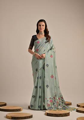 Sea Green Woven Cotton Saree Set