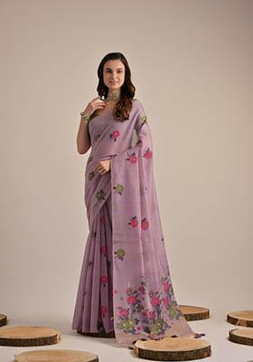 Purple Woven Cotton Saree Set