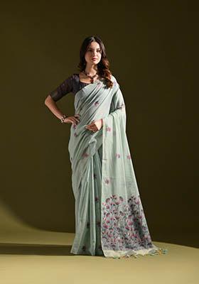 Blue Woven Cotton Saree Set